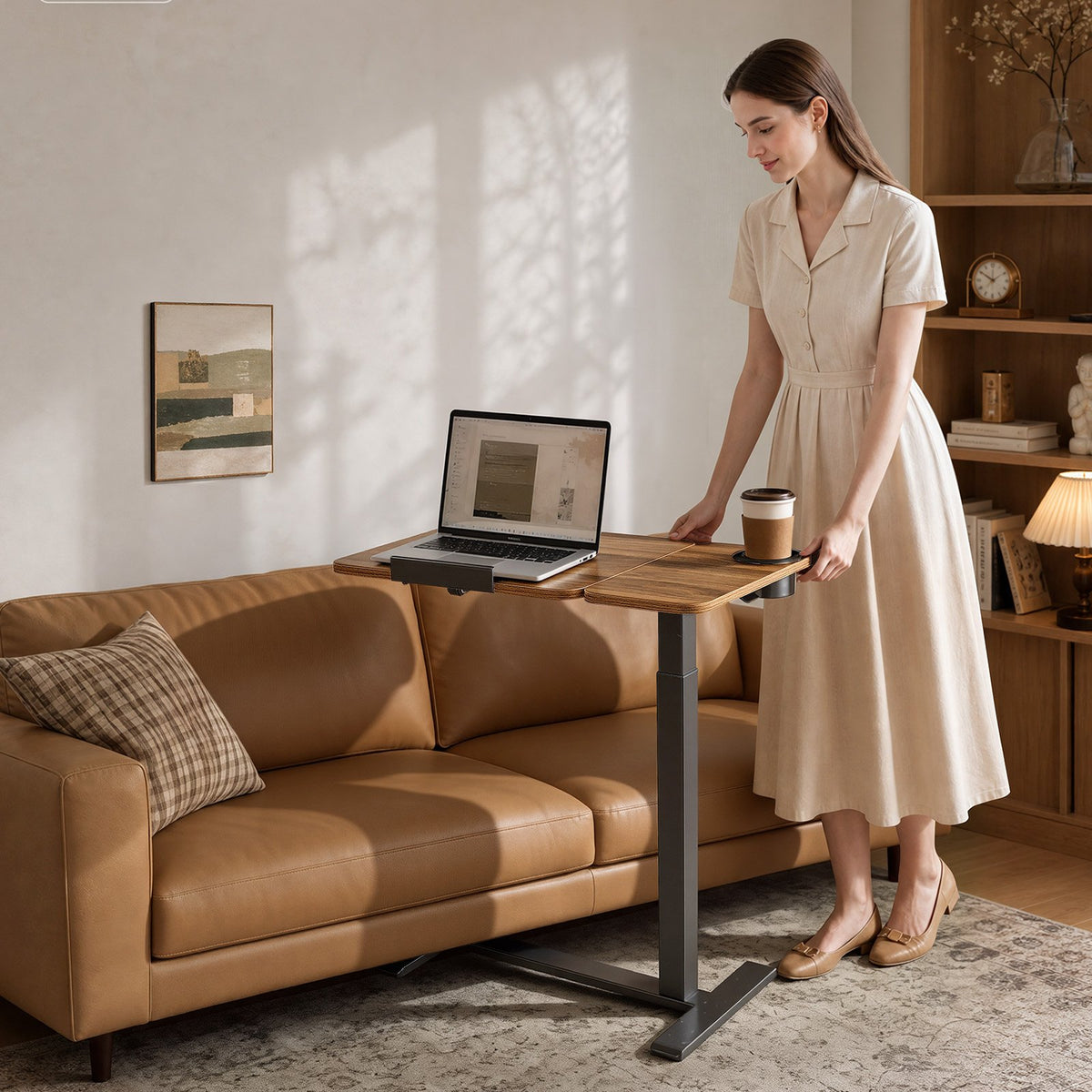 VEVOR Overbed Table 27.6"W x 15.7"D Mobile Bedside Table with Hidden Wheels, for Home Office Bed Couch, Height Adjustable Rolling Laptop Desk, Standing Cart with Tilting Desktop & Cup Holder, Brown - BSCSZZSBSCSZILCLZ001V0 - view 9