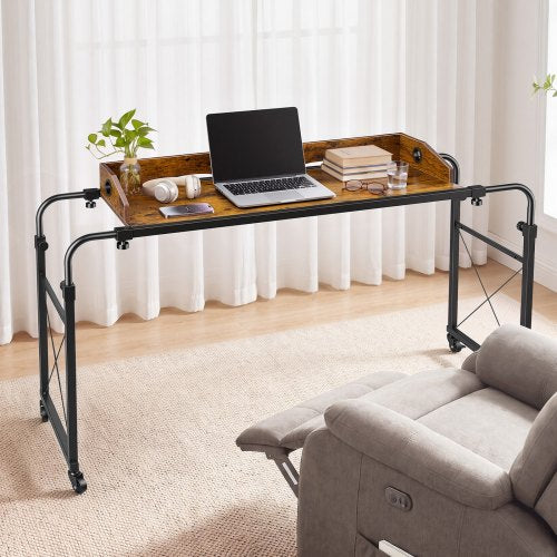 VEVOR Overbed Table 41.7"W x 14.2"D Mobile Bed Desk with Swivel Wheels, for Bedroom Living Room Home Office, Adjustable Height & Length, Rolling Table with Side Storage Pocket & Raised Edge, Brown - BSCSZZSHKSCS2RMSU001V0 - view 2