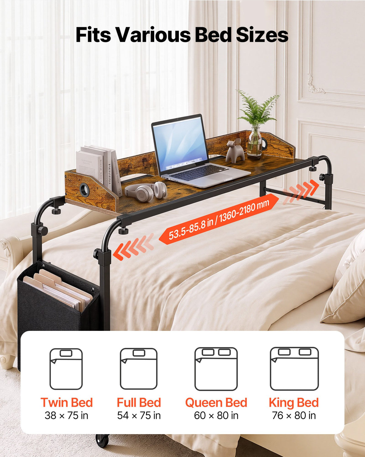 VEVOR Overbed Table 41.7"W x 14.2"D Mobile Bed Desk with Swivel Wheels, for Bedroom Living Room Home Office, Adjustable Height & Length, Rolling Table with Side Storage Pocket & Raised Edge, Brown - BSCSZZSHKSCS2RMSU001V0 - view 3