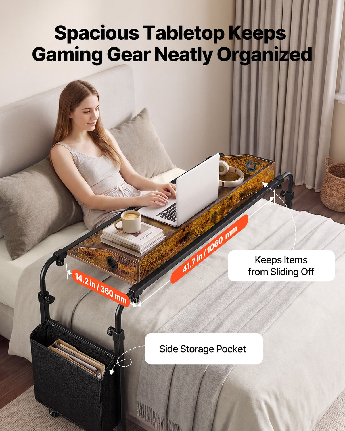 VEVOR Overbed Table 41.7"W x 14.2"D Mobile Bed Desk with Swivel Wheels, for Bedroom Living Room Home Office, Adjustable Height & Length, Rolling Table with Side Storage Pocket & Raised Edge, Brown - BSCSZZSHKSCS2RMSU001V0 - view 4