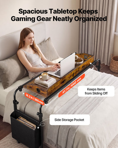VEVOR Overbed Table 41.7"W x 14.2"D Mobile Bed Desk with Swivel Wheels, for Bedroom Living Room Home Office, Adjustable Height & Length, Rolling Table with Side Storage Pocket & Raised Edge, Brown - BSCSZZSHKSCS2RMSU001V0 - view 4
