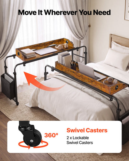 VEVOR Overbed Table 41.7"W x 14.2"D Mobile Bed Desk with Swivel Wheels, for Bedroom Living Room Home Office, Adjustable Height & Length, Rolling Table with Side Storage Pocket & Raised Edge, Brown - BSCSZZSHKSCS2RMSU001V0 - view 5