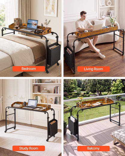 VEVOR Overbed Table 41.7"W x 14.2"D Mobile Bed Desk with Swivel Wheels, for Bedroom Living Room Home Office, Adjustable Height & Length, Rolling Table with Side Storage Pocket & Raised Edge, Brown - BSCSZZSHKSCS2RMSU001V0 - view 7