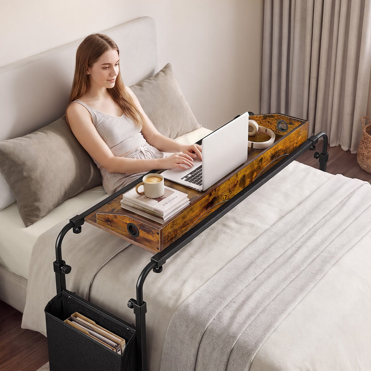 VEVOR Overbed Table 41.7"W x 14.2"D Mobile Bed Desk with Swivel Wheels, for Bedroom Living Room Home Office, Adjustable Height & Length, Rolling Table with Side Storage Pocket & Raised Edge, Brown - BSCSZZSHKSCS2RMSU001V0 - view 9
