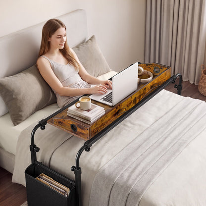 VEVOR Overbed Table 41.7"W x 14.2"D Mobile Bed Desk with Swivel Wheels, for Bedroom Living Room Home Office, Adjustable Height & Length, Rolling Table with Side Storage Pocket & Raised Edge, Brown - BSCSZZSHKSCS2RMSU001V0 - view 9