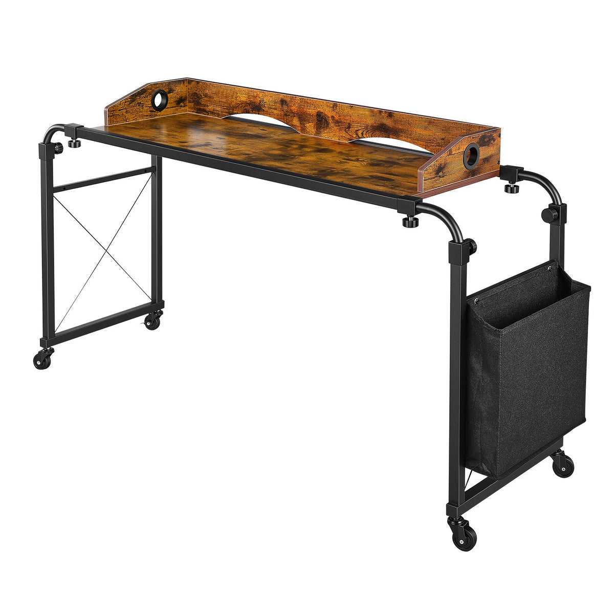 VEVOR Overbed Table 41.7"W x 14.2"D Mobile Bed Desk with Swivel Wheels, for Bedroom Living Room Home Office, Adjustable Height & Length, Rolling Table with Side Storage Pocket & Raised Edge, Brown - BSCSZZSHKSCS2RMSU001V0 - view 10