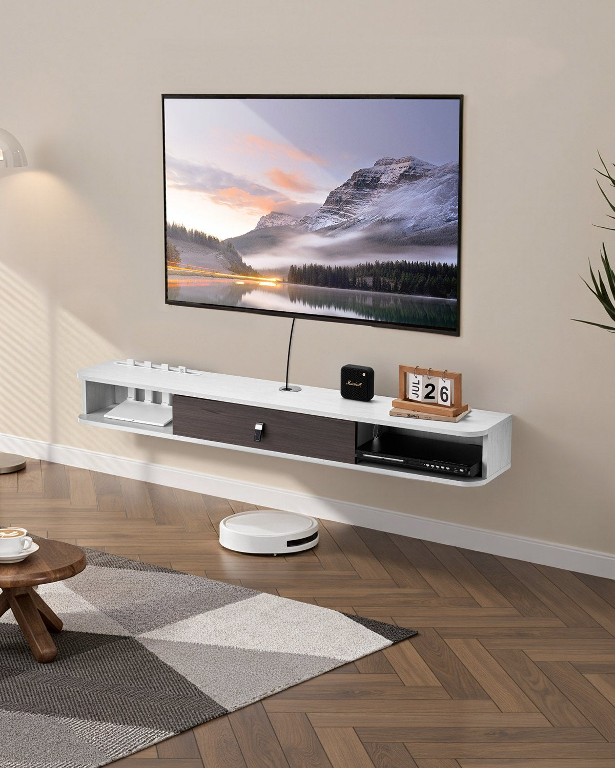 VEVOR Floating TV Stand, 55 in Wall Mount Entertainment Center with Cable Hole, Modern Floating TV Shelf with Storage Cabinet, Particle Board Console for DVD Player, Cable Box, Game Console, White - BSDSJ5511INC1720HV0 - view 1