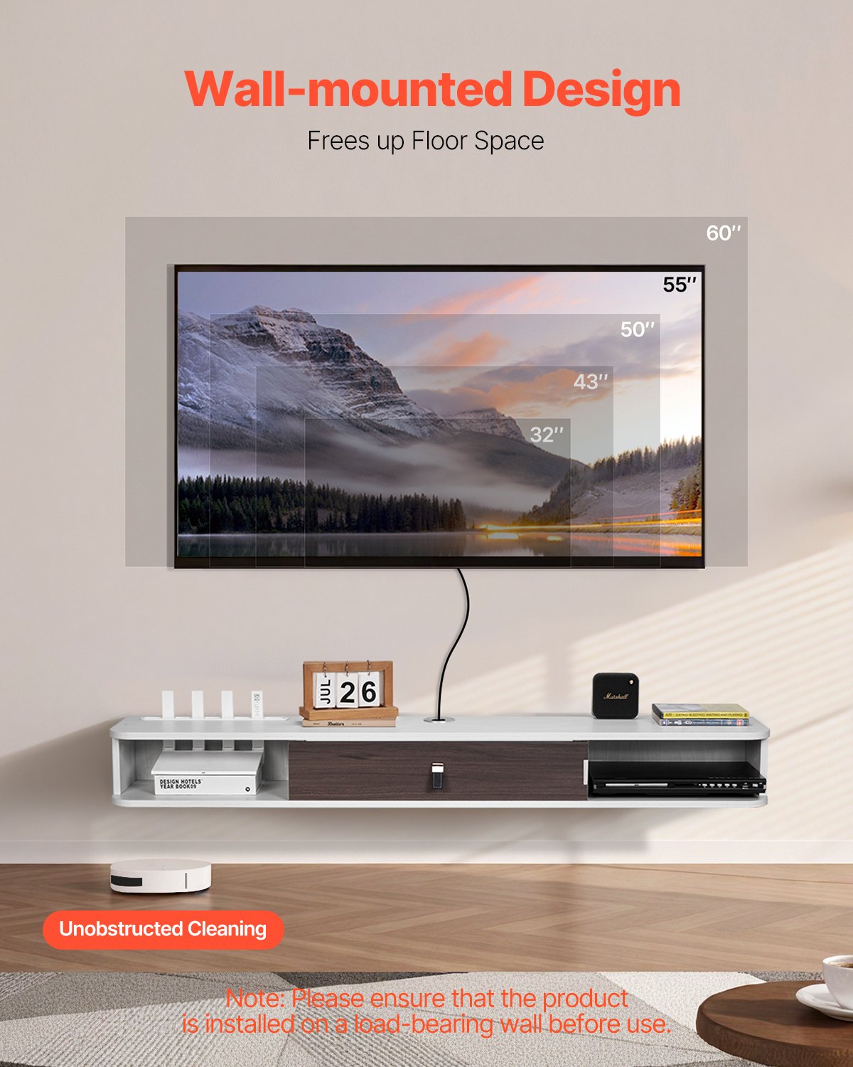 VEVOR Floating TV Stand, 55 in Wall Mount Entertainment Center with Cable Hole, Modern Floating TV Shelf with Storage Cabinet, Particle Board Console for DVD Player, Cable Box, Game Console, White - BSDSJ5511INC1720HV0 - view 3