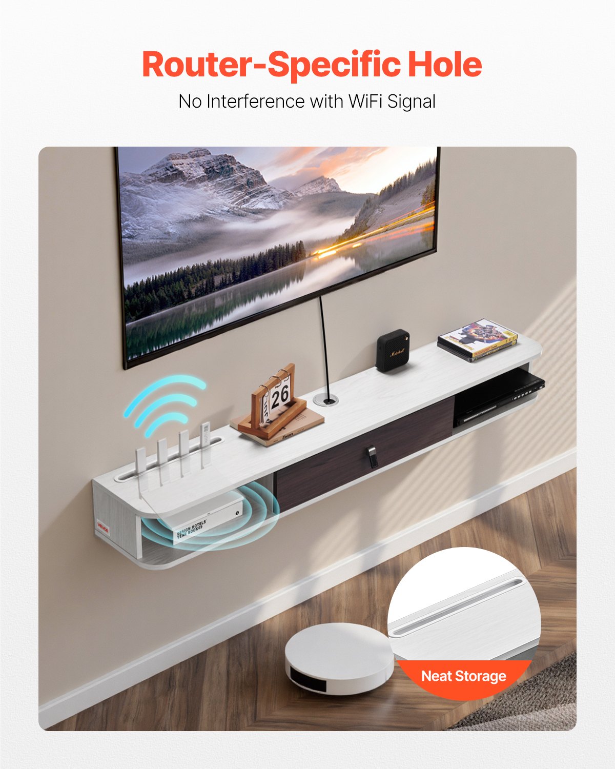 VEVOR Floating TV Stand, 55 in Wall Mount Entertainment Center with Cable Hole, Modern Floating TV Shelf with Storage Cabinet, Particle Board Console for DVD Player, Cable Box, Game Console, White - BSDSJ5511INC1720HV0 - view 4