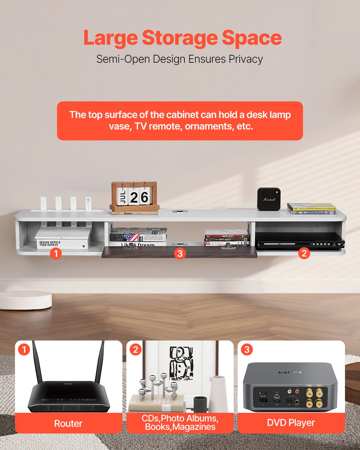 VEVOR Floating TV Stand, 55 in Wall Mount Entertainment Center with Cable Hole, Modern Floating TV Shelf with Storage Cabinet, Particle Board Console for DVD Player, Cable Box, Game Console, White - BSDSJ5511INC1720HV0 - view 5