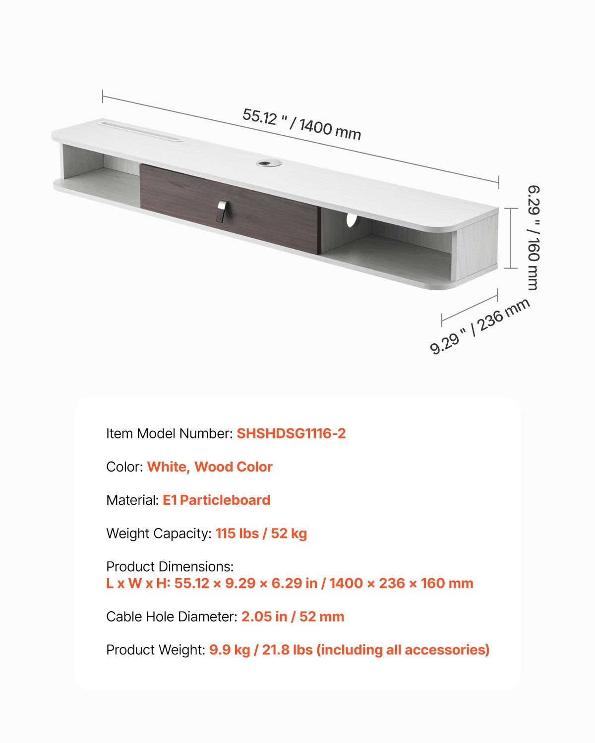 VEVOR Floating TV Stand, 55 in Wall Mount Entertainment Center with Cable Hole, Modern Floating TV Shelf with Storage Cabinet, Particle Board Console for DVD Player, Cable Box, Game Console, White - BSDSJ5511INC1720HV0 - view 8
