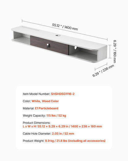 VEVOR Floating TV Stand, 55 in Wall Mount Entertainment Center with Cable Hole, Modern Floating TV Shelf with Storage Cabinet, Particle Board Console for DVD Player, Cable Box, Game Console, White - BSDSJ5511INC1720HV0 - view 8