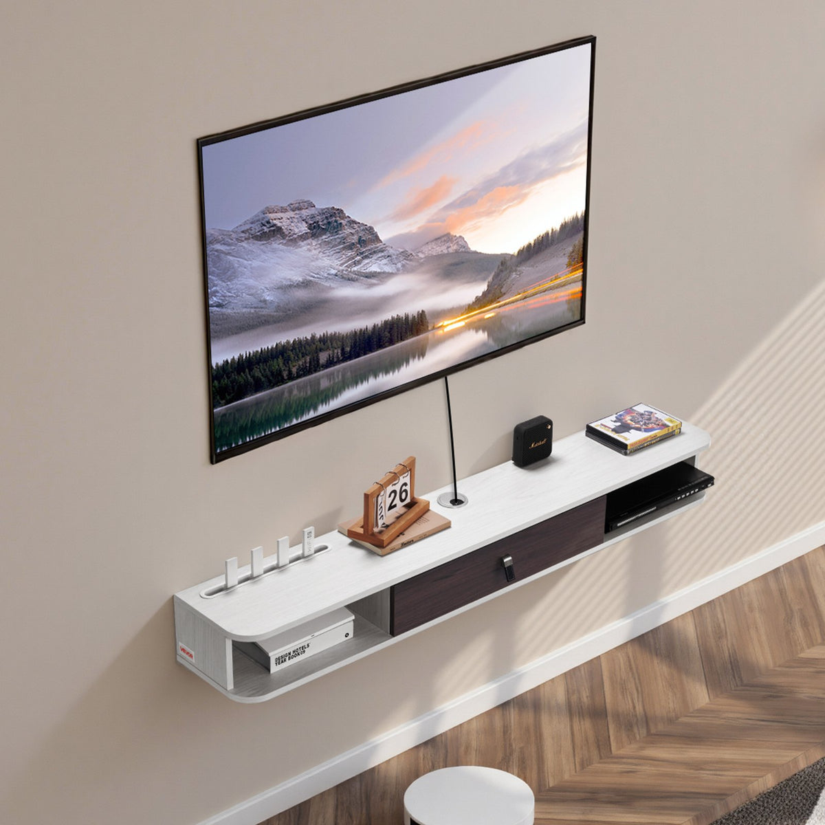 VEVOR Floating TV Stand, 55 in Wall Mount Entertainment Center with Cable Hole, Modern Floating TV Shelf with Storage Cabinet, Particle Board Console for DVD Player, Cable Box, Game Console, White - BSDSJ5511INC1720HV0 - view 9