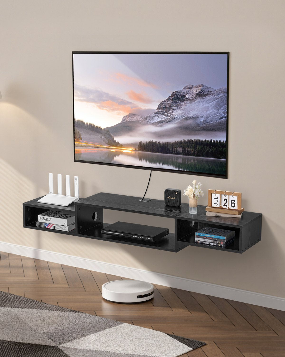 VEVOR Floating TV Stand, 59" Wall Mount Entertainment Center with Power Outlet & Cable Hole, Modern Floating TV Shelf with Storage Cabinet for DVD Player, Cable Box, Game Console, TV Accessory, Black - BSDSJ59INCHHBNZQXV1 - view 1