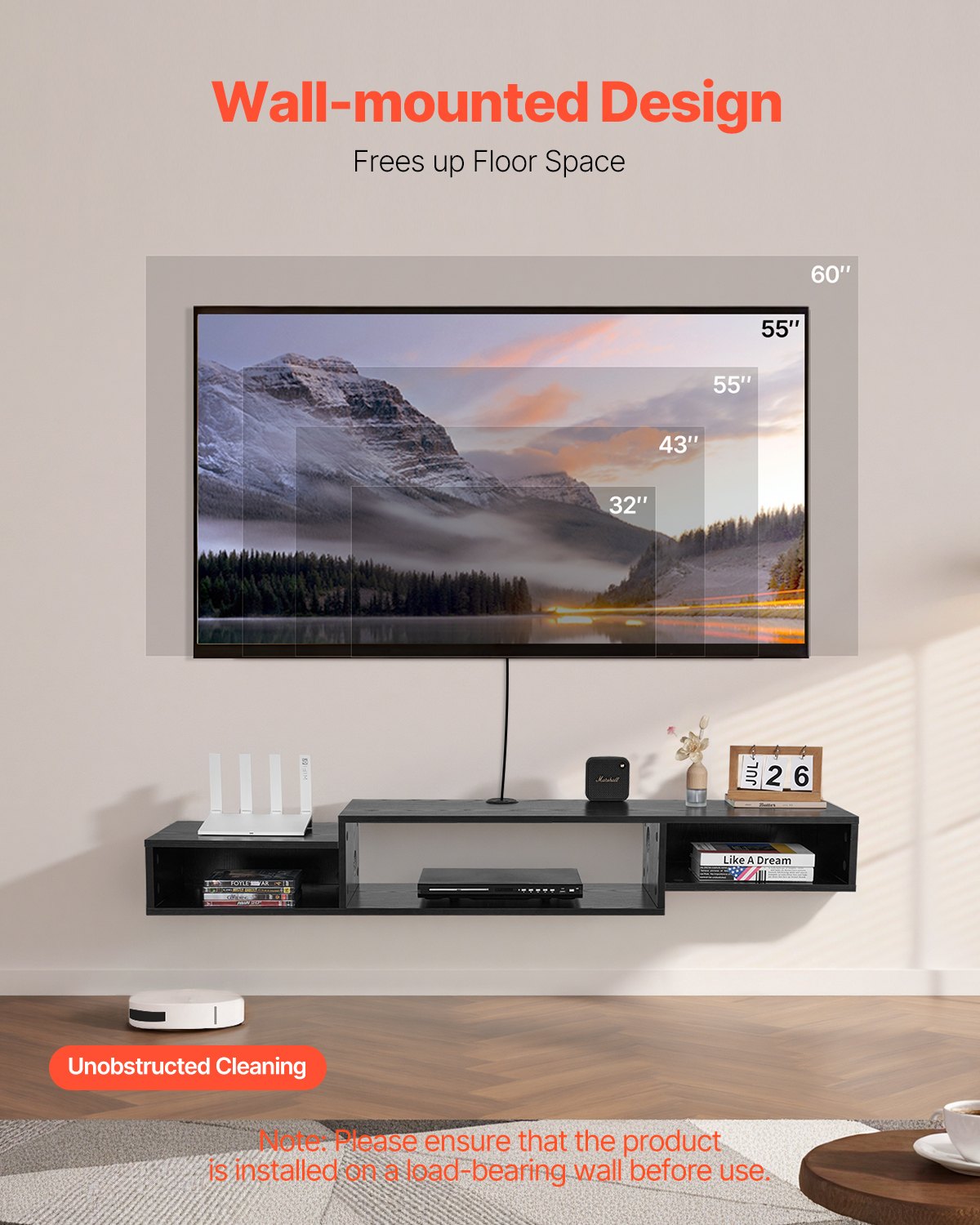 VEVOR Floating TV Stand, 59" Wall Mount Entertainment Center with Power Outlet & Cable Hole, Modern Floating TV Shelf with Storage Cabinet for DVD Player, Cable Box, Game Console, TV Accessory, Black - BSDSJ59INCHHBNZQXV1 - view 3