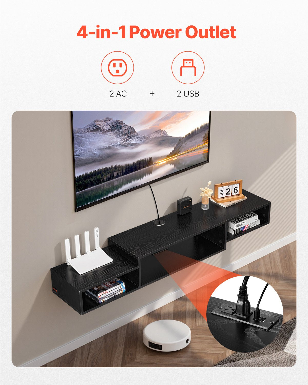 VEVOR Floating TV Stand, 59" Wall Mount Entertainment Center with Power Outlet & Cable Hole, Modern Floating TV Shelf with Storage Cabinet for DVD Player, Cable Box, Game Console, TV Accessory, Black - BSDSJ59INCHHBNZQXV1 - view 4