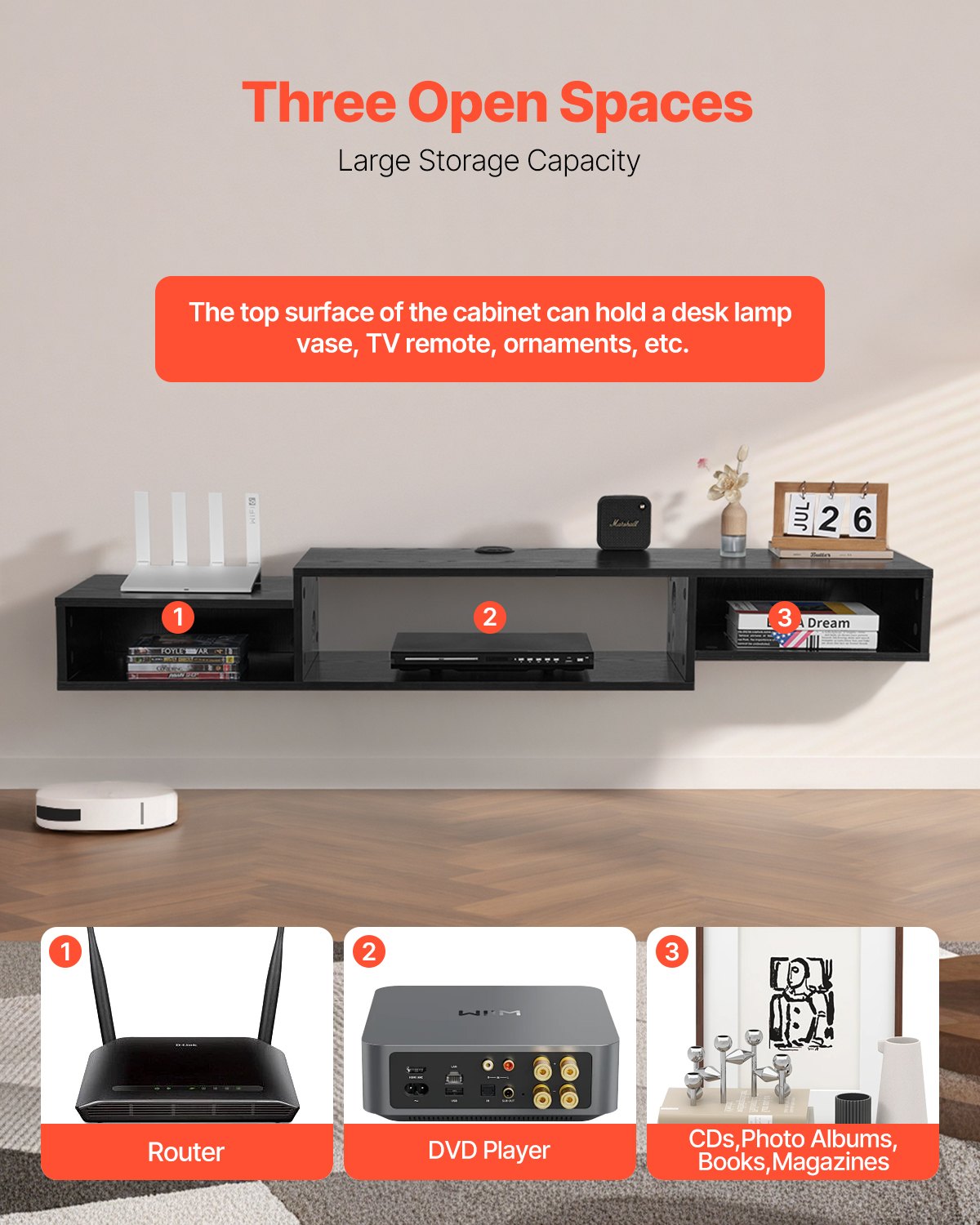 VEVOR Floating TV Stand, 59" Wall Mount Entertainment Center with Power Outlet & Cable Hole, Modern Floating TV Shelf with Storage Cabinet for DVD Player, Cable Box, Game Console, TV Accessory, Black - BSDSJ59INCHHBNZQXV1 - view 5