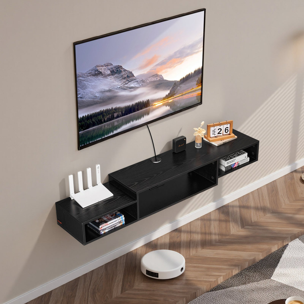 VEVOR Floating TV Stand, 59" Wall Mount Entertainment Center with Power Outlet & Cable Hole, Modern Floating TV Shelf with Storage Cabinet for DVD Player, Cable Box, Game Console, TV Accessory, Black - BSDSJ59INCHHBNZQXV1 - view 9