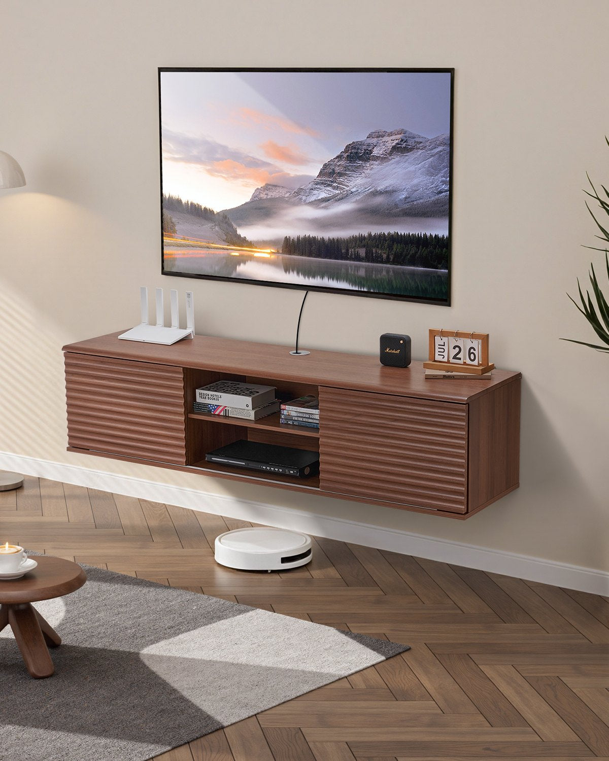 VEVOR Floating TV Stand, 60" Wall Mount Entertainment Center with Adjustable Shelf & Sliding Doors, 2 Tiers Floating TV Shelf with Storage Cabinet for DVD Player, Cable Box, Game Console, Walnut - BSDSJ60INHTM16H10V0 - view 1