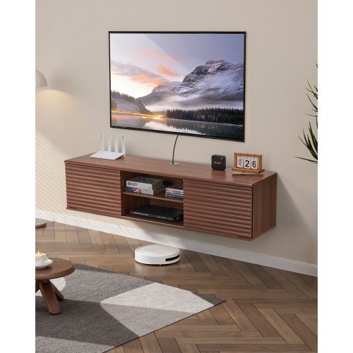 VEVOR Floating TV Stand, 60" Wall Mount Entertainment Center with Adjustable Shelf & Sliding Doors, 2 Tiers Floating TV Shelf with Storage Cabinet for DVD Player, Cable Box, Game Console, Walnut - BSDSJ60INHTM16H10V0 - view 2