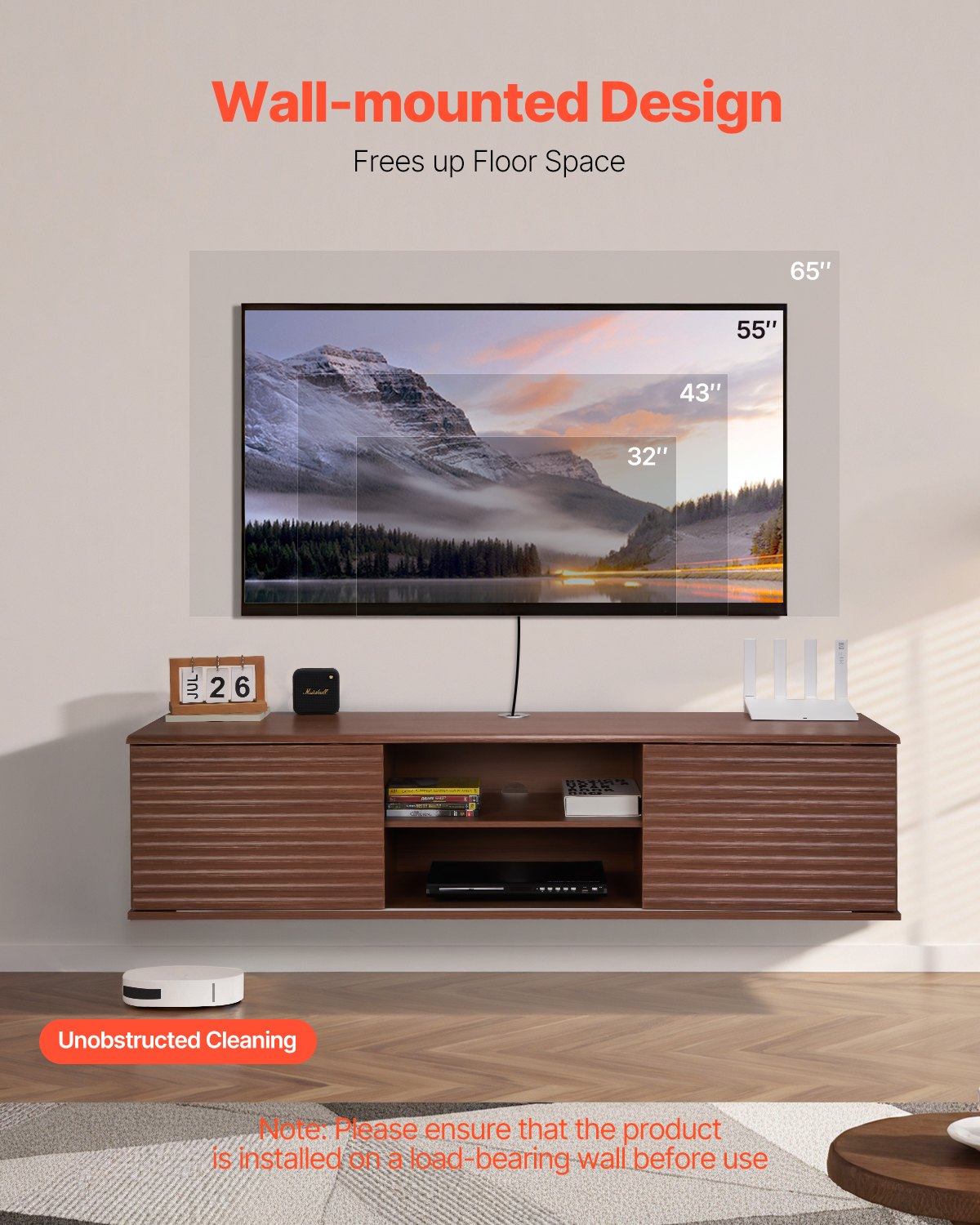 VEVOR Floating TV Stand, 60" Wall Mount Entertainment Center with Adjustable Shelf & Sliding Doors, 2 Tiers Floating TV Shelf with Storage Cabinet for DVD Player, Cable Box, Game Console, Walnut - BSDSJ60INHTM16H10V0 - view 3