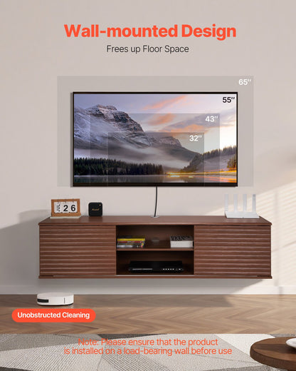 VEVOR Floating TV Stand, 60" Wall Mount Entertainment Center with Adjustable Shelf & Sliding Doors, 2 Tiers Floating TV Shelf with Storage Cabinet for DVD Player, Cable Box, Game Console, Walnut - BSDSJ60INHTM16H10V0 - view 3