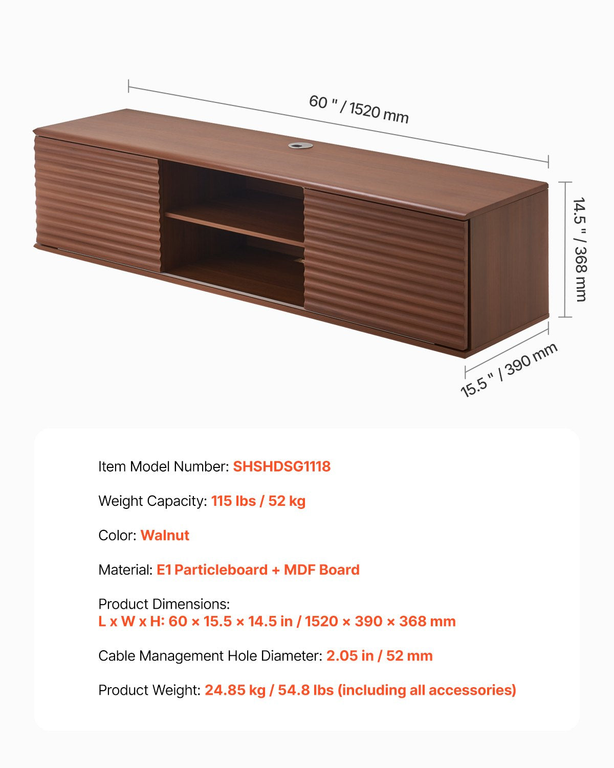 VEVOR Floating TV Stand, 60" Wall Mount Entertainment Center with Adjustable Shelf & Sliding Doors, 2 Tiers Floating TV Shelf with Storage Cabinet for DVD Player, Cable Box, Game Console, Walnut - BSDSJ60INHTM16H10V0 - view 8