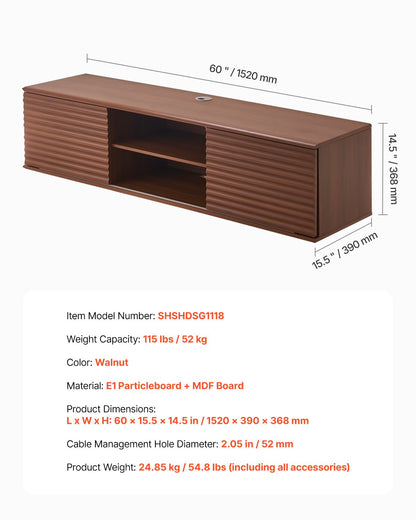 VEVOR Floating TV Stand, 60" Wall Mount Entertainment Center with Adjustable Shelf & Sliding Doors, 2 Tiers Floating TV Shelf with Storage Cabinet for DVD Player, Cable Box, Game Console, Walnut - BSDSJ60INHTM16H10V0 - view 8