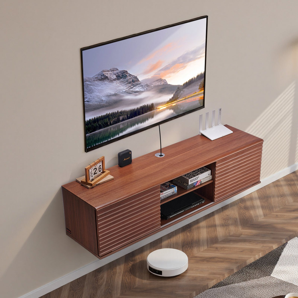 VEVOR Floating TV Stand, 60" Wall Mount Entertainment Center with Adjustable Shelf & Sliding Doors, 2 Tiers Floating TV Shelf with Storage Cabinet for DVD Player, Cable Box, Game Console, Walnut - BSDSJ60INHTM16H10V0 - view 9