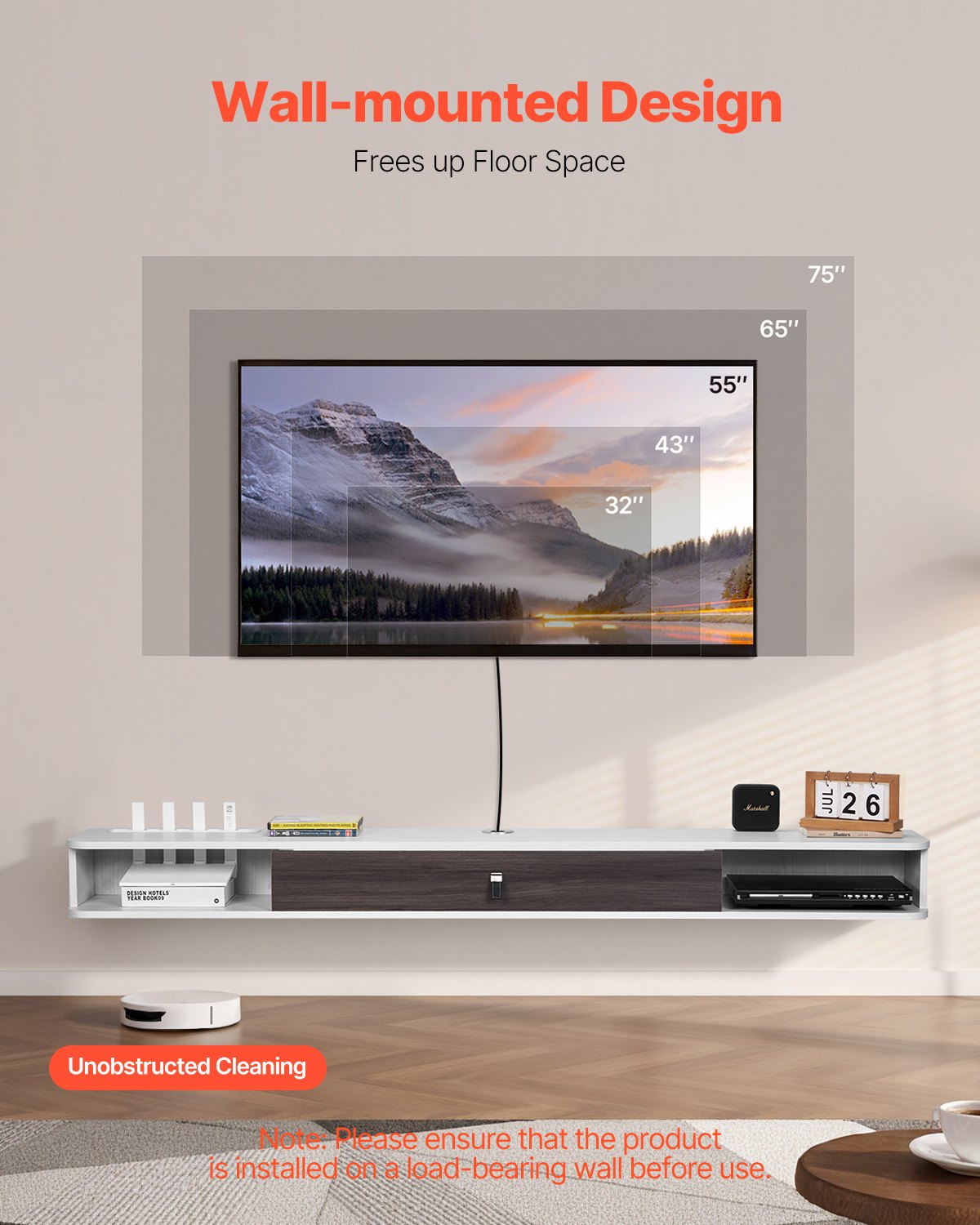 VEVOR Floating TV Stand, 70 in Wall Mount Entertainment Center with Cable Hole, Modern Floating TV Shelf with Storage Cabinet, Particle Board Console for DVD Player, Cable Box, Game Console, White - BSDSJ70INCHBO0Q9TV0 - view 3