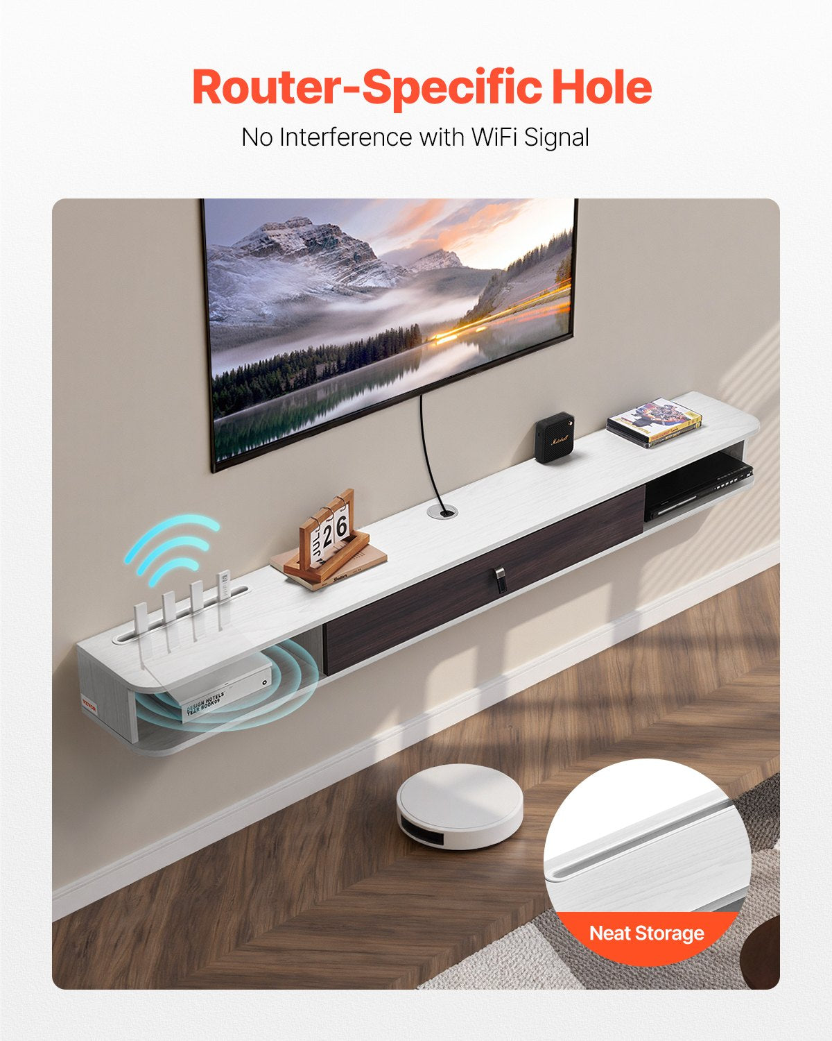 VEVOR Floating TV Stand, 70 in Wall Mount Entertainment Center with Cable Hole, Modern Floating TV Shelf with Storage Cabinet, Particle Board Console for DVD Player, Cable Box, Game Console, White - BSDSJ70INCHBO0Q9TV0 - view 4