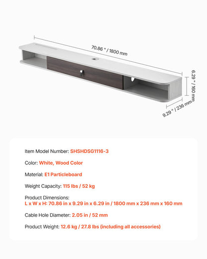 VEVOR Floating TV Stand, 70 in Wall Mount Entertainment Center with Cable Hole, Modern Floating TV Shelf with Storage Cabinet, Particle Board Console for DVD Player, Cable Box, Game Console, White - BSDSJ70INCHBO0Q9TV0 - view 8