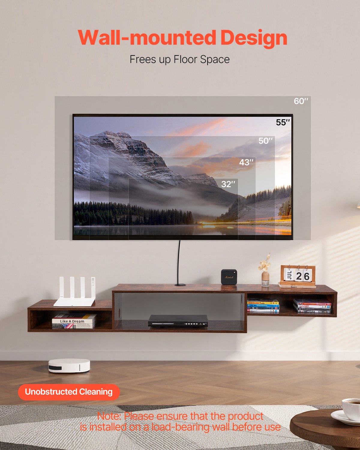 VEVOR Floating TV Stand, 70" Wall Mount Entertainment Center with Power Outlet & Cable Hole, Modern Floating TV Shelf with Storage Cabinet for DVD Player, Cable Box, Game Console, TV Accessory, Wood - BSDSJ70INCHMSBWVBV1 - view 3