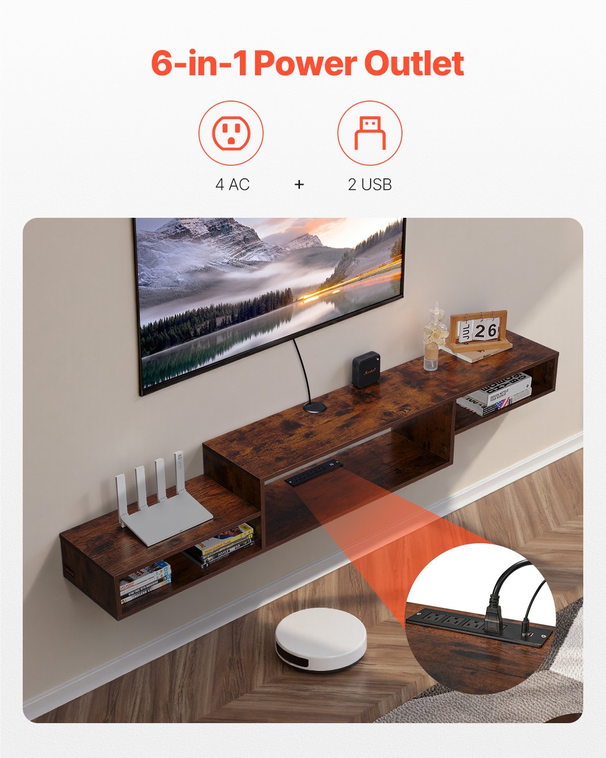 VEVOR Floating TV Stand, 70" Wall Mount Entertainment Center with Power Outlet & Cable Hole, Modern Floating TV Shelf with Storage Cabinet for DVD Player, Cable Box, Game Console, TV Accessory, Wood - BSDSJ70INCHMSBWVBV1 - view 4