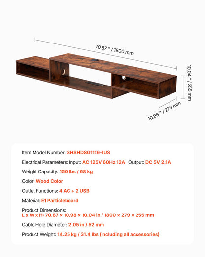 VEVOR Floating TV Stand, 70" Wall Mount Entertainment Center with Power Outlet & Cable Hole, Modern Floating TV Shelf with Storage Cabinet for DVD Player, Cable Box, Game Console, TV Accessory, Wood - BSDSJ70INCHMSBWVBV1 - view 8