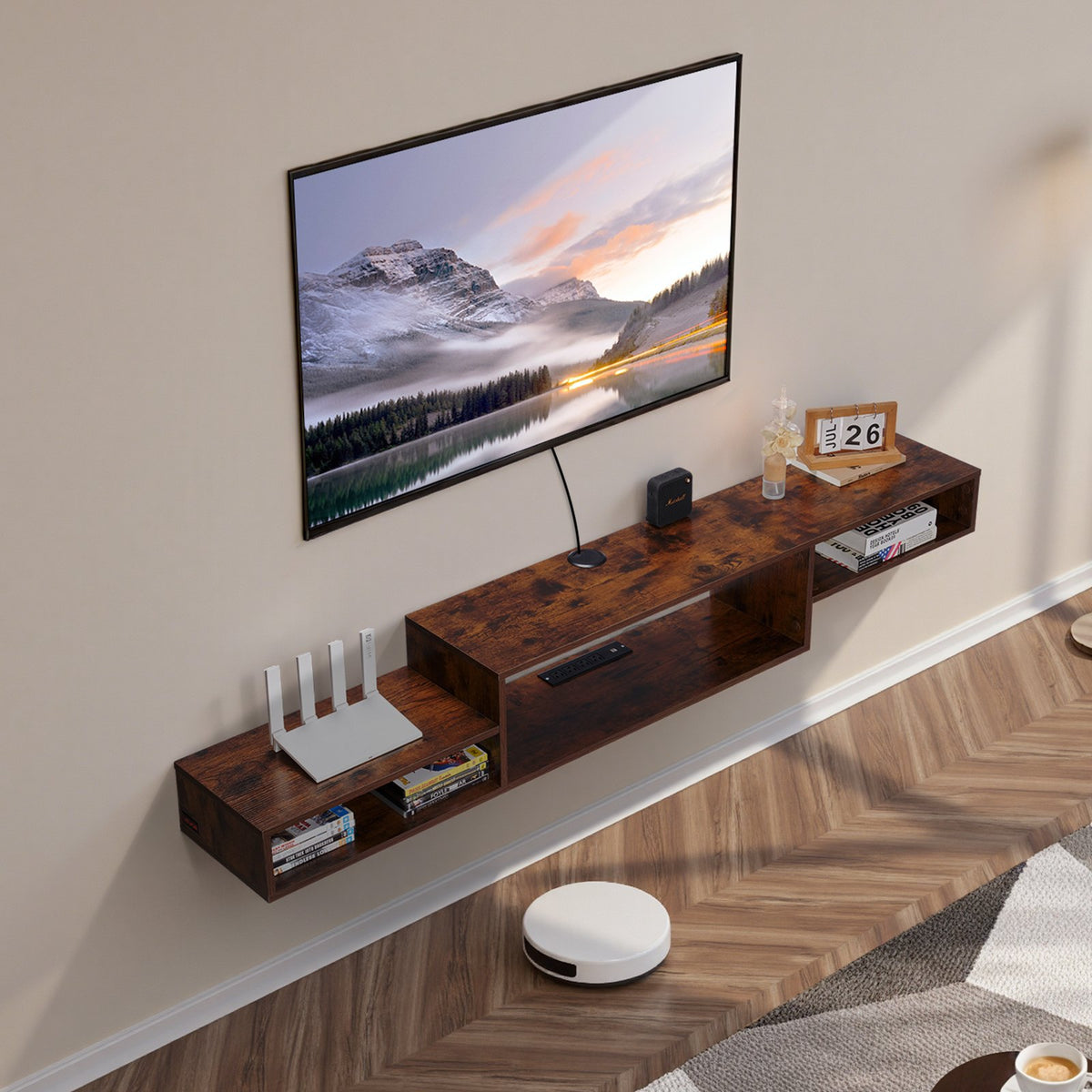 VEVOR Floating TV Stand, 70" Wall Mount Entertainment Center with Power Outlet & Cable Hole, Modern Floating TV Shelf with Storage Cabinet for DVD Player, Cable Box, Game Console, TV Accessory, Wood - BSDSJ70INCHMSBWVBV1 - view 9
