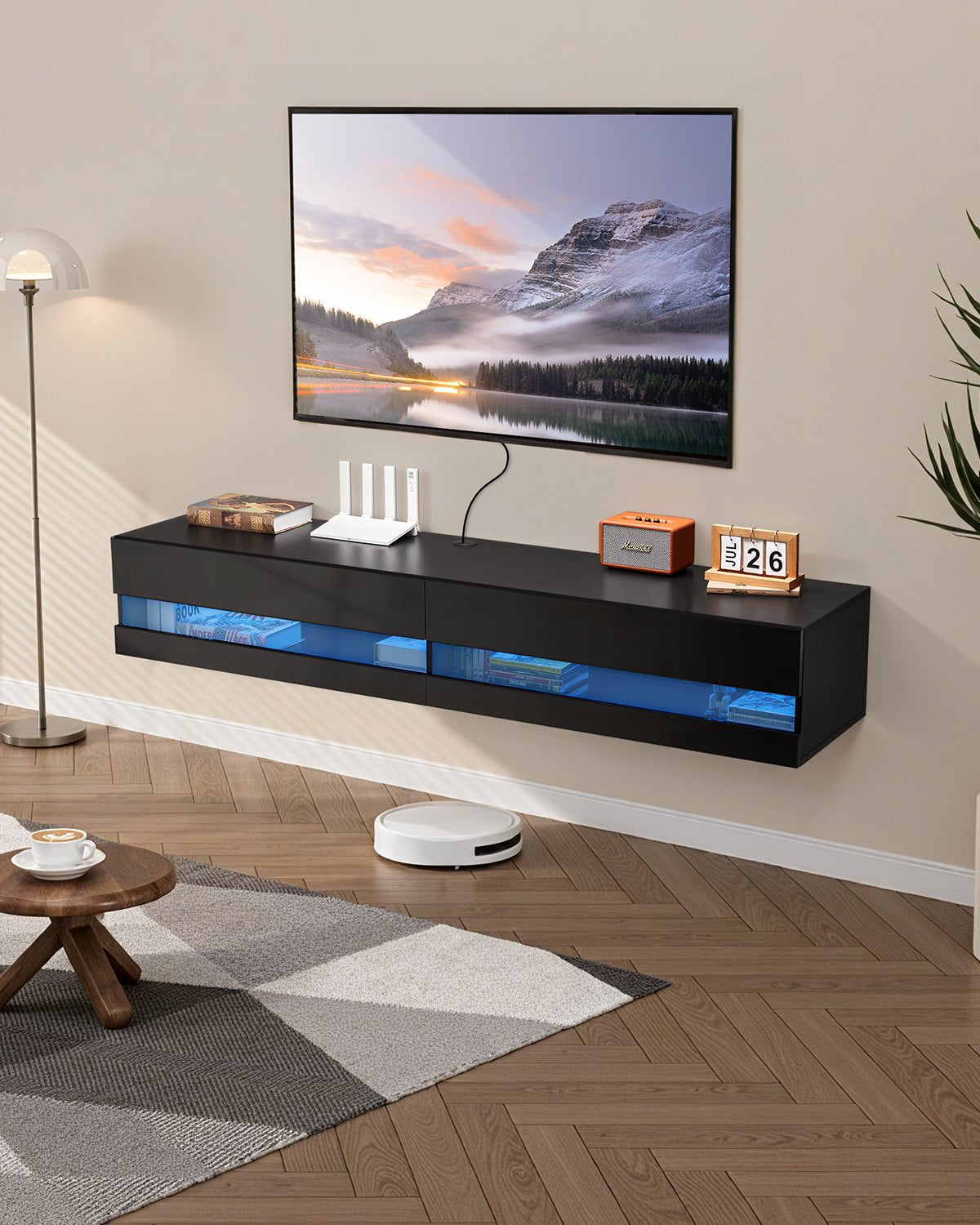 VEVOR Floating TV Stand, 71 in Wall Mount Entertainment Center with Power Outlet & LED Lights, Modern Floating TV Shelf with 2 Drawers & Storage Cabinet for DVD Player, Cable Box, Game Console, Black - BSDSJ71INCHH53ZYHV1 - view 1