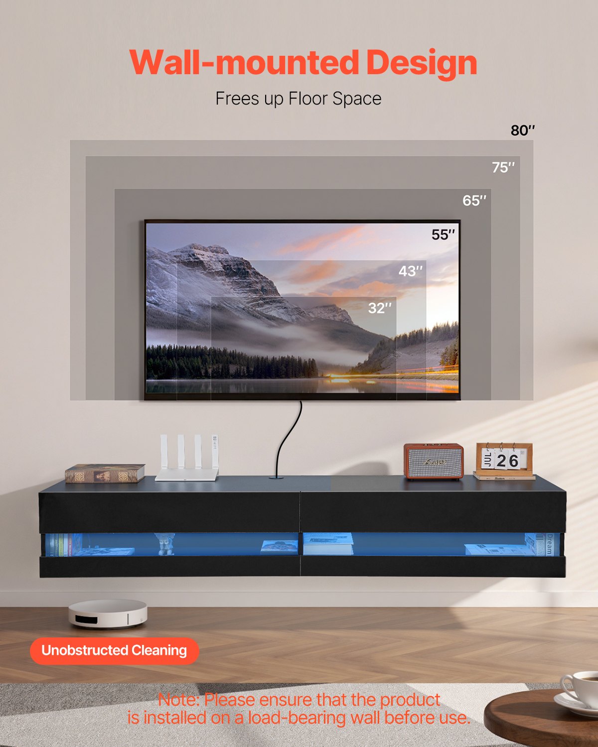 VEVOR Floating TV Stand, 71 in Wall Mount Entertainment Center with Power Outlet & LED Lights, Modern Floating TV Shelf with 2 Drawers & Storage Cabinet for DVD Player, Cable Box, Game Console, Black - BSDSJ71INCHH53ZYHV1 - view 3