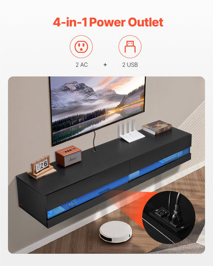 VEVOR Floating TV Stand, 71 in Wall Mount Entertainment Center with Power Outlet & LED Lights, Modern Floating TV Shelf with 2 Drawers & Storage Cabinet for DVD Player, Cable Box, Game Console, Black - BSDSJ71INCHH53ZYHV1 - view 4
