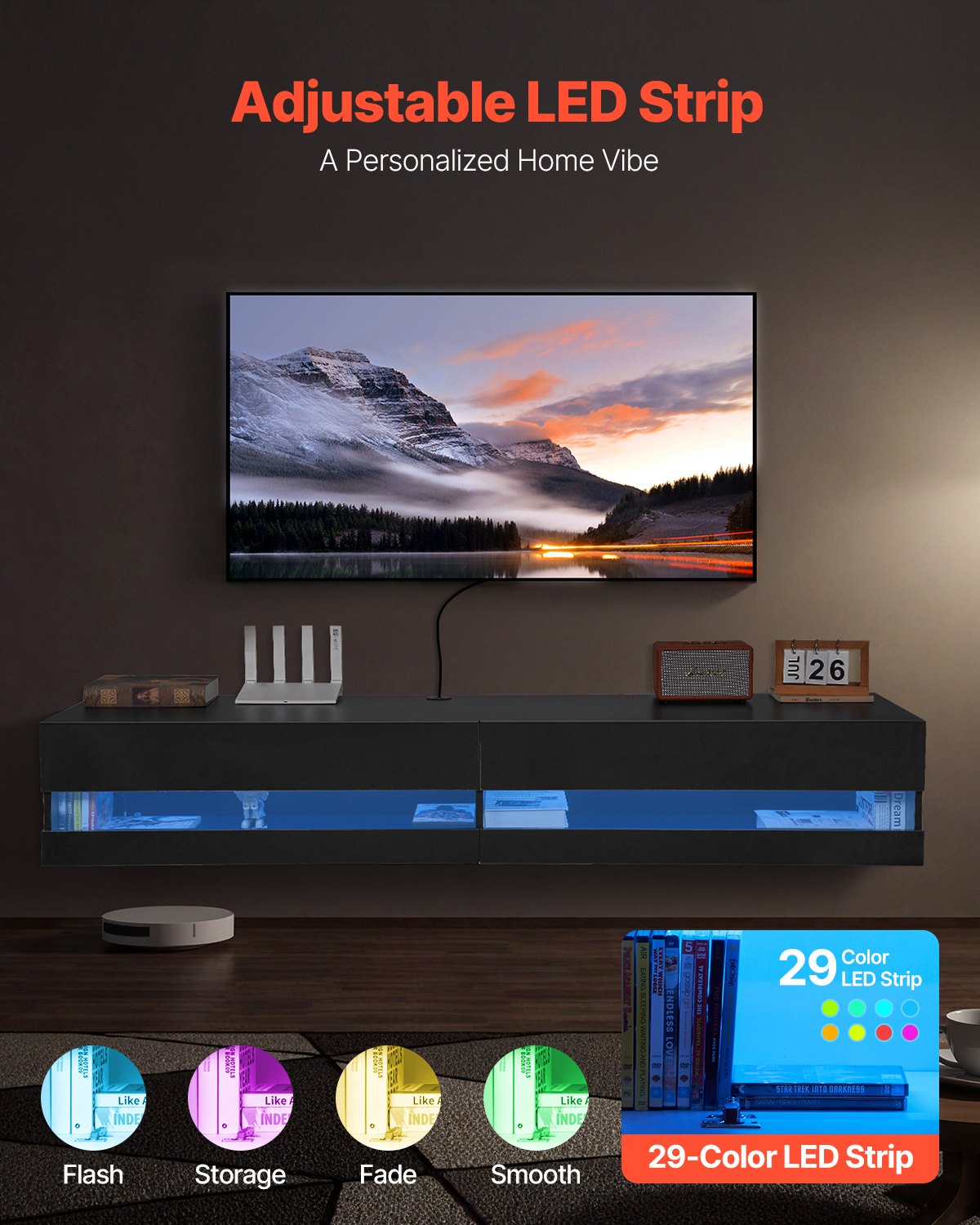 VEVOR Floating TV Stand, 71 in Wall Mount Entertainment Center with Power Outlet & LED Lights, Modern Floating TV Shelf with 2 Drawers & Storage Cabinet for DVD Player, Cable Box, Game Console, Black - BSDSJ71INCHH53ZYHV1 - view 5