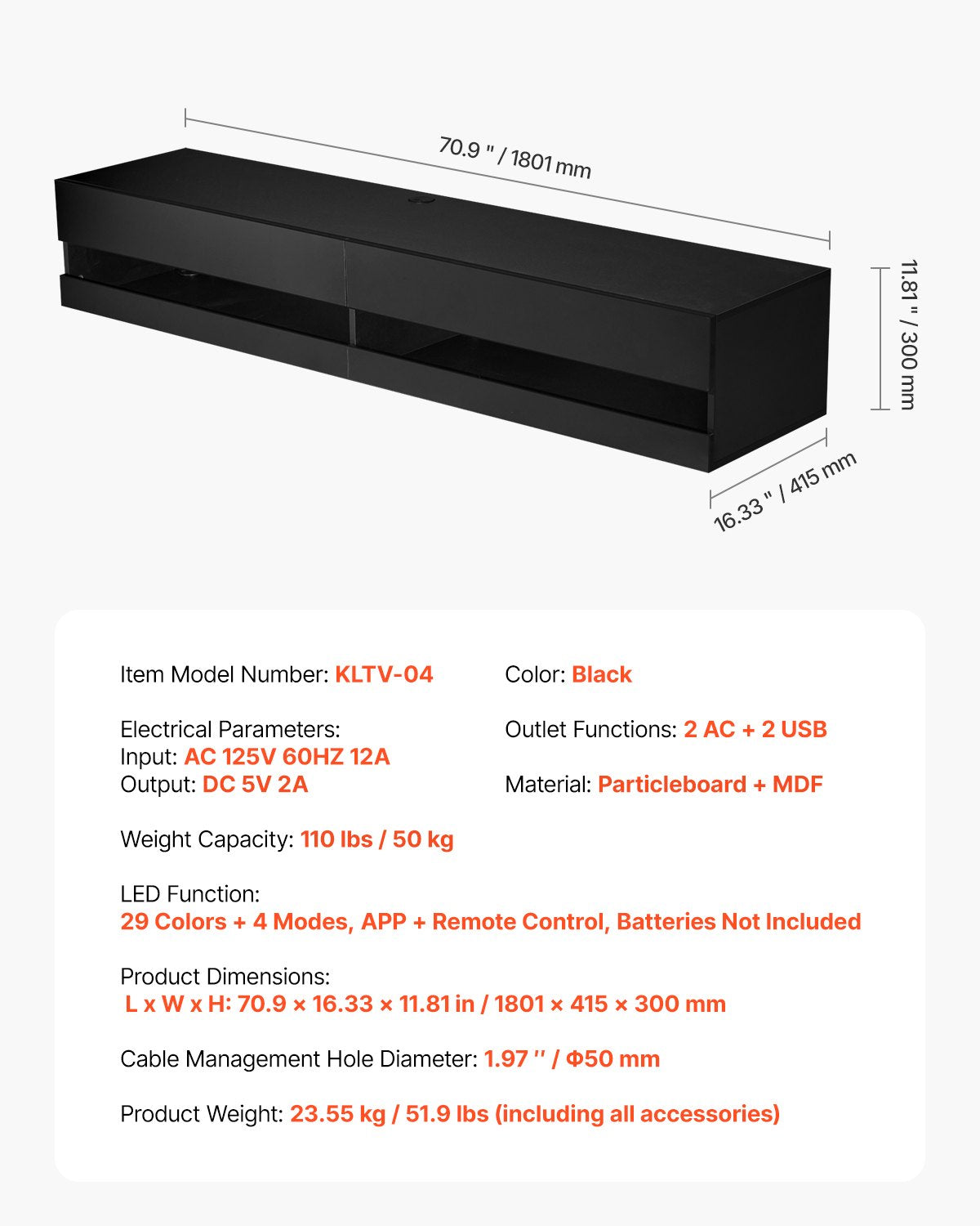 VEVOR Floating TV Stand, 71 in Wall Mount Entertainment Center with Power Outlet & LED Lights, Modern Floating TV Shelf with 2 Drawers & Storage Cabinet for DVD Player, Cable Box, Game Console, Black - BSDSJ71INCHH53ZYHV1 - view 8