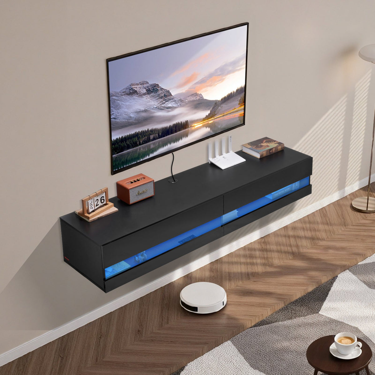 VEVOR Floating TV Stand, 71 in Wall Mount Entertainment Center with Power Outlet & LED Lights, Modern Floating TV Shelf with 2 Drawers & Storage Cabinet for DVD Player, Cable Box, Game Console, Black - BSDSJ71INCHH53ZYHV1 - view 9