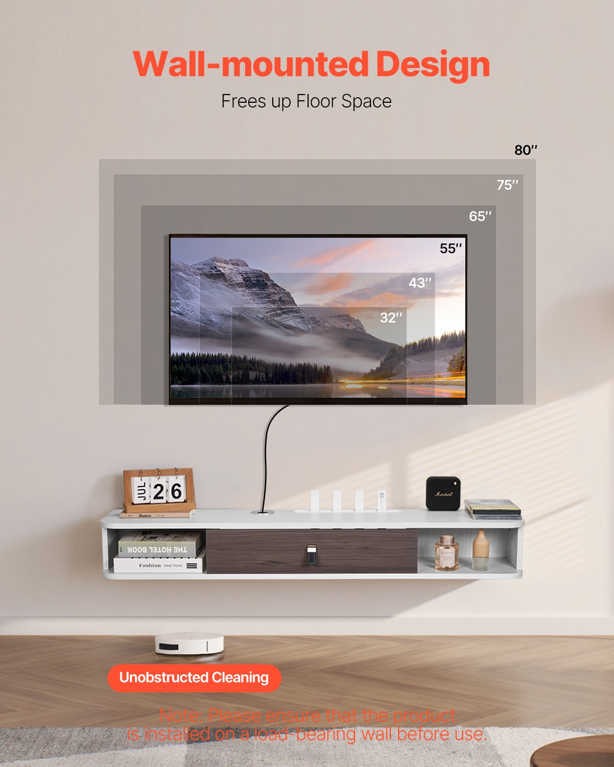 VEVOR Floating TV Stand, 47 in Wall Mount Entertainment Center with Cable Hole, Modern Floating TV Shelf with Storage Cabinet, Particle Board Console for DVD Player, Cable Box, Game Console, White - BSDSJBKFS3L1KHMM0V0 - view 3