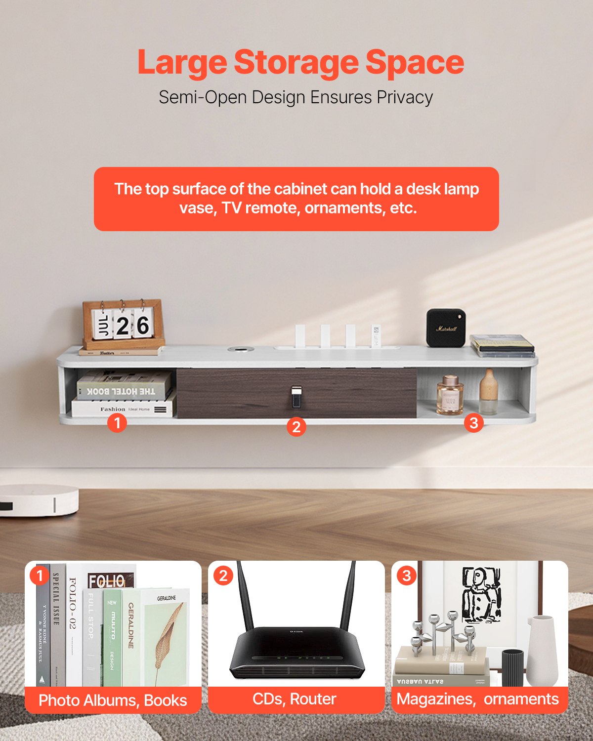 VEVOR Floating TV Stand, 47 in Wall Mount Entertainment Center with Cable Hole, Modern Floating TV Shelf with Storage Cabinet, Particle Board Console for DVD Player, Cable Box, Game Console, White - BSDSJBKFS3L1KHMM0V0 - view 5