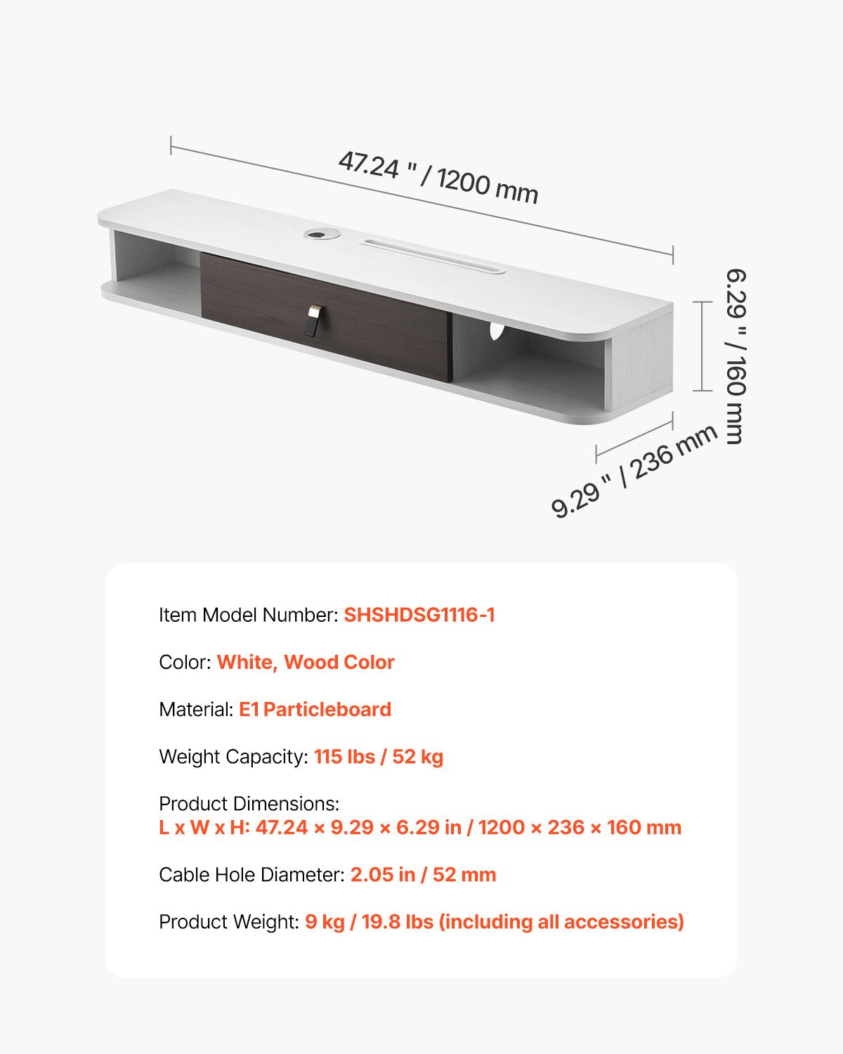 VEVOR Floating TV Stand, 47 in Wall Mount Entertainment Center with Cable Hole, Modern Floating TV Shelf with Storage Cabinet, Particle Board Console for DVD Player, Cable Box, Game Console, White - BSDSJBKFS3L1KHMM0V0 - view 8