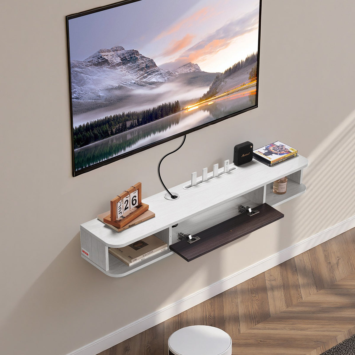 VEVOR Floating TV Stand, 47 in Wall Mount Entertainment Center with Cable Hole, Modern Floating TV Shelf with Storage Cabinet, Particle Board Console for DVD Player, Cable Box, Game Console, White - BSDSJBKFS3L1KHMM0V0 - view 9