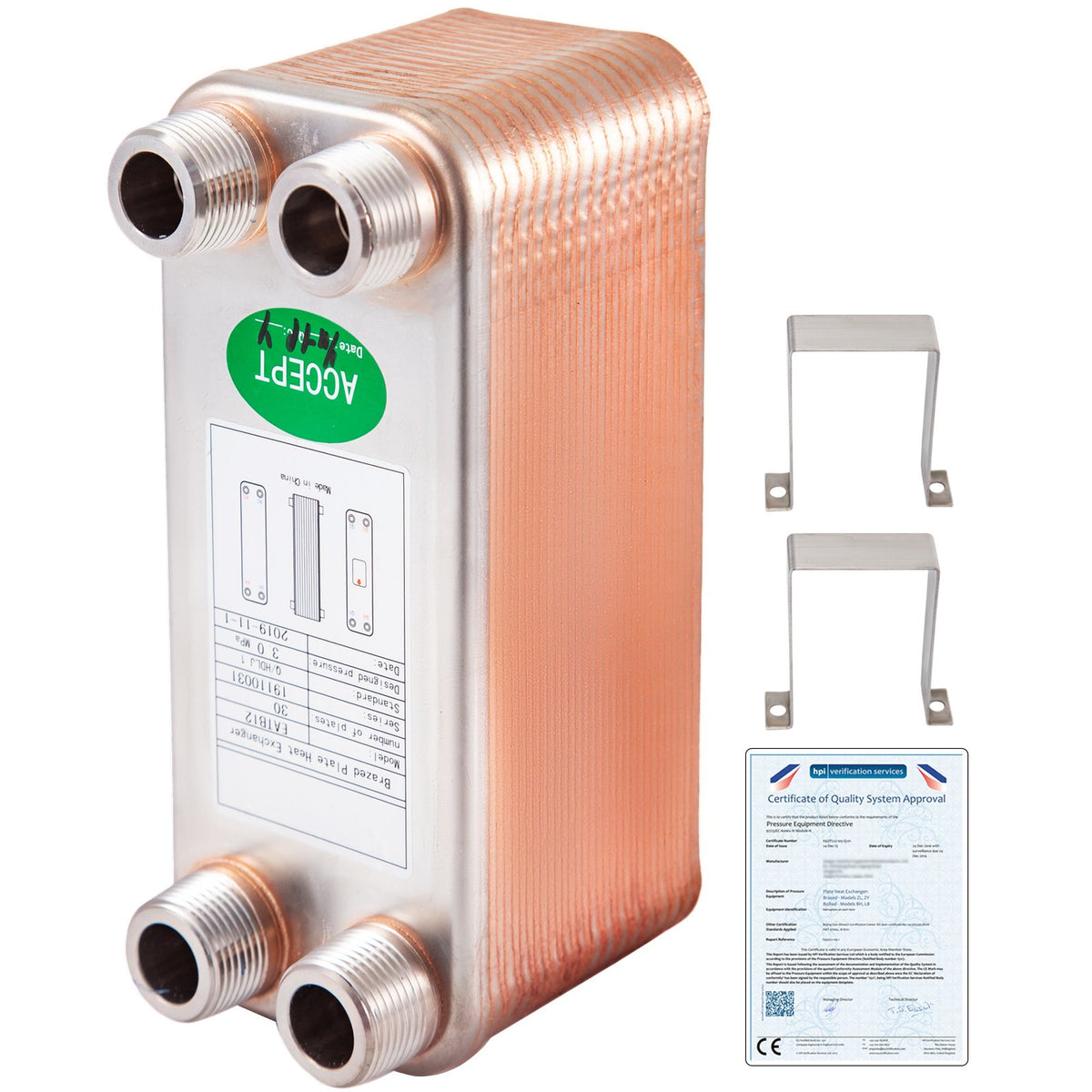 VEVOR Heat Exchanger 3\"x7.5\" 30 Plates Brazed Plate Heat Exchanger 316L 3/4\" MPT Heat Exchanger B12-30 Beer Wort Chiller for Hydronic Heating - BSHRQ1230MN34G601V0 - view 1