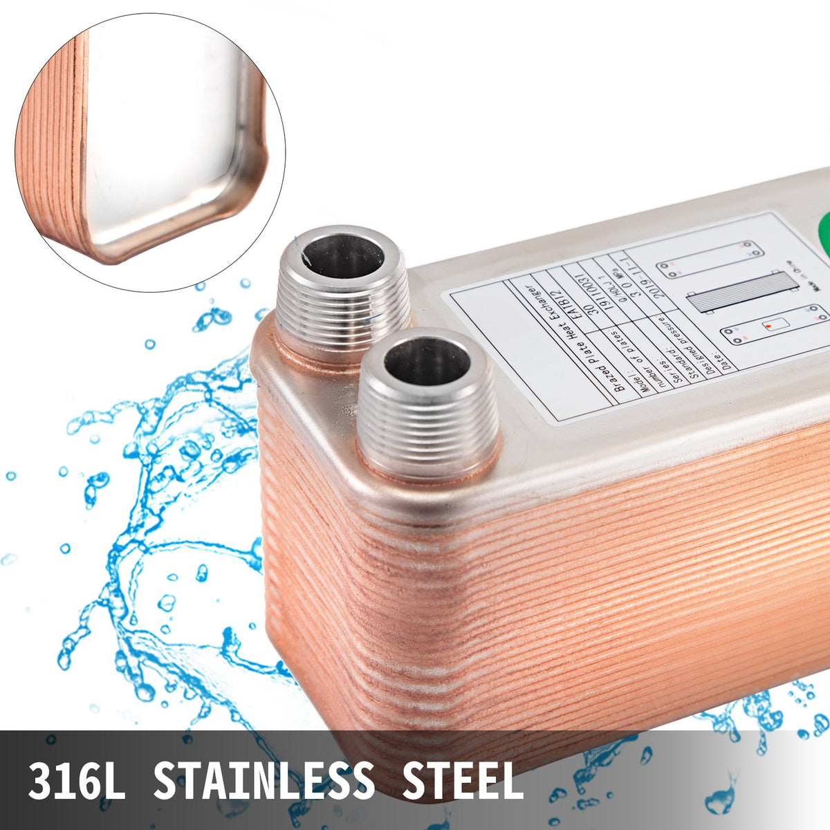 VEVOR Heat Exchanger 3\"x7.5\" 30 Plates Brazed Plate Heat Exchanger 316L 3/4\" MPT Heat Exchanger B12-30 Beer Wort Chiller for Hydronic Heating - BSHRQ1230MN34G601V0 - view 5