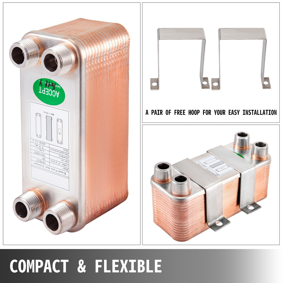 VEVOR Heat Exchanger 3\"x7.5\" 30 Plates Brazed Plate Heat Exchanger 316L 3/4\" MPT Heat Exchanger B12-30 Beer Wort Chiller for Hydronic Heating - BSHRQ1230MN34G601V0 - view 7