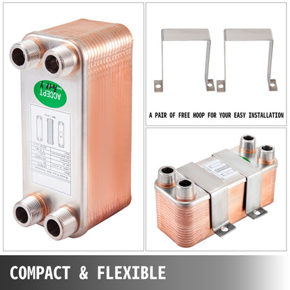 VEVOR Heat Exchanger 3\"x7.5\" 30 Plates Brazed Plate Heat Exchanger 316L 3/4\" MPT Heat Exchanger B12-30 Beer Wort Chiller for Hydronic Heating - BSHRQ1230MN34G601V0 - view 7